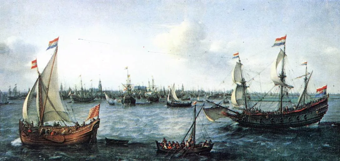 Seventeenth-century sailing ships in Amsterdam harbour