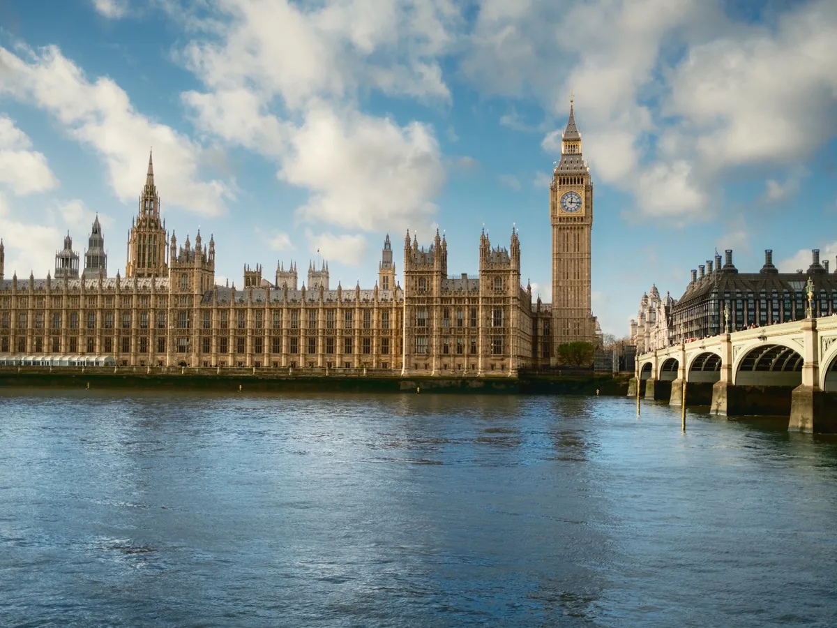 The Palace of Westminster, Elizabeth Tower and Westminster Bridge beside the River Thames